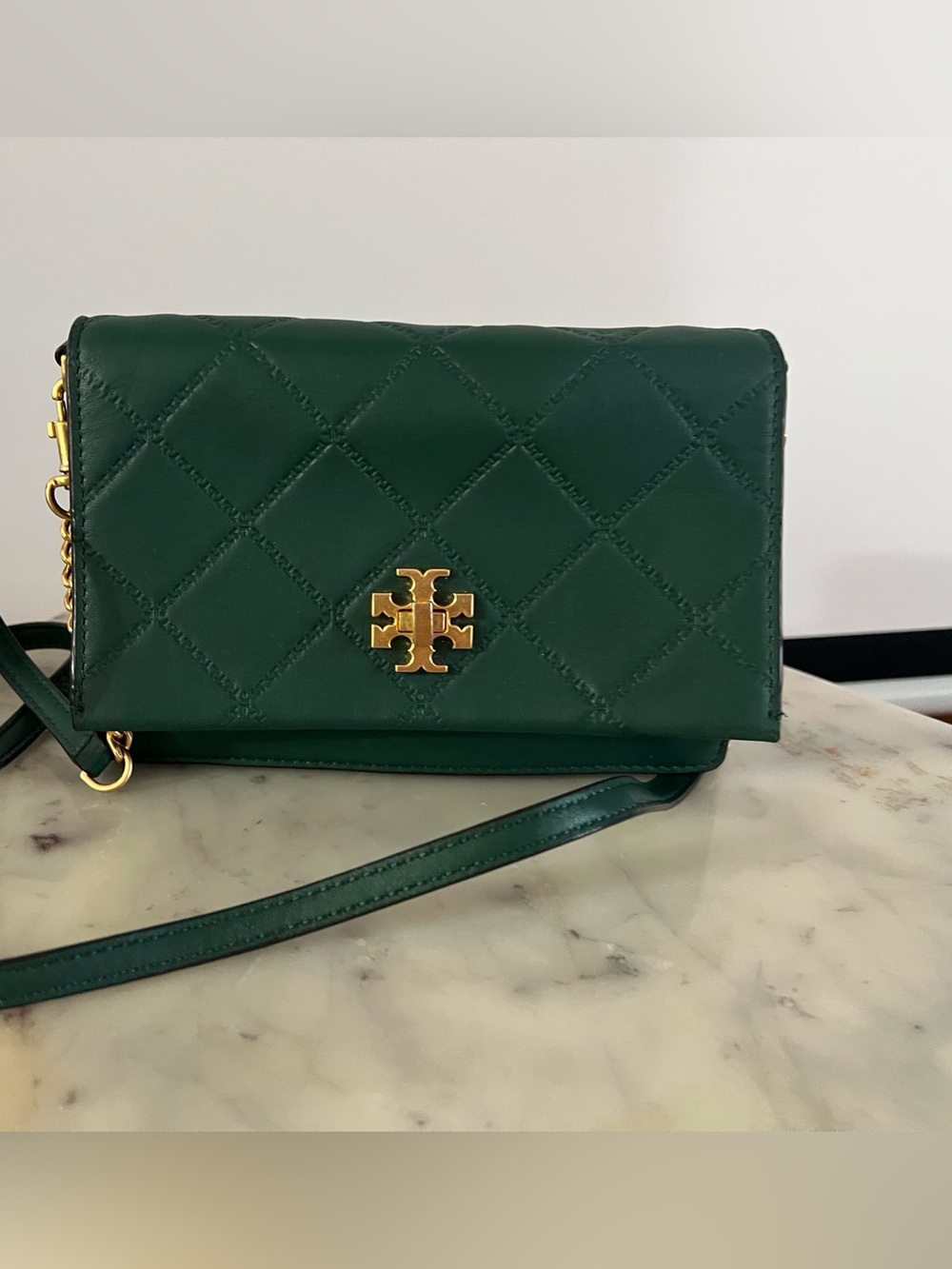Tory Burch Dark Green Quilted Leather Crossbody with Gold Logo